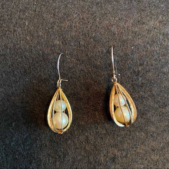 Vintage 60s Caged Pearl Drop Earrings - Picture 8 of 8